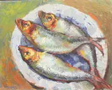 Still life of red bream on a platter by Rita Smith, oil on board, sold Aug 2025