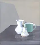 Still life of a white vase by Paola Campanella, acrylic on canvas board, sold Aug 2025