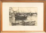 Fishing boats moored in a harbour Charcoal and pen and ink on by Roder Cox, Charcoal and pen and ink on paper, signed and dated [19]62, sold Aug 2025