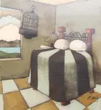 The striped bedspread oil on paper by Matt Lively, oil on paper, sold Jul 2025