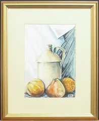 Still life of a flagon and fruit by John Bates, watercolour, sold Jul 2025