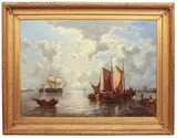 Fishing vessels moored at the mouth of an estuary by George Williem Opdenhoff, oil on canvas, offered Jul 2025