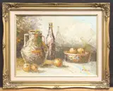 Still life of a bottle, vase, bowl and oranges on a table oil on canvas by K. Robert, oil on canvas, sold Jul 2025