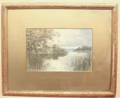 A lake landscape under stormy skies by Robert Winchester Fraser, watercolour, sold Jul 2025