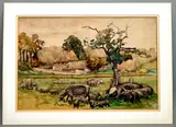 Pigs and piglets with a thatched farm beyond by K. Sleinart, 1918, watercolour, sold Jul 2025