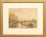 Cattle grazing by a slow running stream Watercolour by T. Davis, Watercolour, signed and dated October, sold Jul 2025