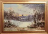 Snow scene near Borrowdale, Derbyshire by Dudley White, oil on canvas, sold Jun 2025