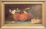 Still life of oranges and blossom on a table by D. Lamb, oil on canvas, sold Jun 2025