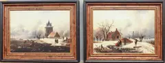Dutch winter scenes with figures in frozen river landscapes a by Alexis De Leeuw, oil on canvas, offered May 2025