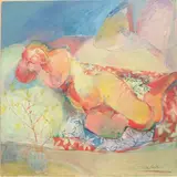 Reclining female nude in oranges and by Rita Smith, oil on board, sold May 2025