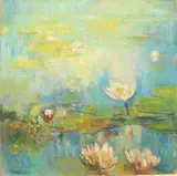 Water lilies by Rita Smith, oil on board, sold May 2025