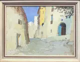 Ibizan street Oil by Leslie Grimes, 1958, Oil on board, signed lower right, under glass, sold May 2025