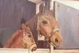Portrait of a mare and foal in a stable by E. T. Sayers, oil on board, sold May 2025