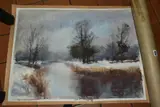 A river landscape by Aubrey R.Phillips, mixed media on paper, sold Jul 2021