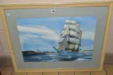 A three masted square rigged ship under full sail off a headland by Hugo Dagger, watercolour on paper, sold Jul 2021