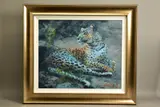 Leopard reclining at dusk by Rolf Harris, print, sold Jul 2021