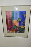 A composition of blocks of colour and patterns with a house by Tiffany McNAB, watercolour on paper, offered Jul 2021