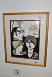 stylised portraits of two female and one male, initialled and by Jack Yates, 1999, mixed media on paper, sold Jul 2021