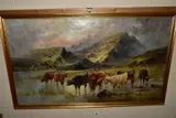 Highland cattle drinking from a Loch against a mountainous by Charles W. Oswald, oil on canvas, sold Jun 2021