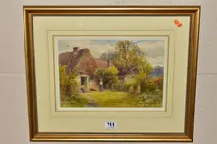 Figures before a rural cottage by Frank Gresley, watercolour on paper, sold Jun 2021