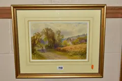 Figures walking along a rural lane by Frank Gresley, watercolour on paper, sold Jun 2021