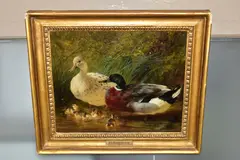 Ducks and ducklings in water by John Frederick Herring, Sr., 1853, oil on wood, sold Jun 2021