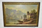 an Alpine lake landscape, boats and figures on the shoreline, by William Kay Blacklock, oil on canvas, sold Jun 2021