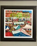 Salisbury market by Katharine Dove, mixed media on canvas, sold May 2021
