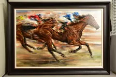 Silks race horses and jockeys in full gallop by Gary Benfield, oil on board, sold May 2021