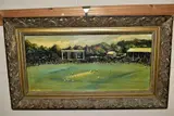 an oil on canvas depicting a cricket match at the Oval, unsigned, titled by Fifth Test, oil on canvas, sold May 2021