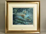 Leopard reclining at dusk by Rolf Harris, print, sold May 2021