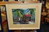 Beach huts and palm trees by Edwin Hingwan, watercolour on paper, sold May 2021