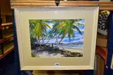 Figure and boat in the shade of palm trees by Edwin Hingwan, watercolour on paper, sold May 2021