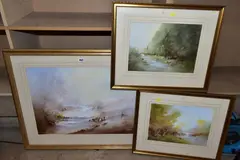 Figures beside a river in a Winter landscape by Bernard Banks, watercolour on paper, sold Apr 2021