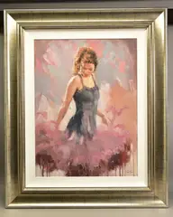 a portrait of a female figure wearing a black dress with a pink by Mark Spain, oil on canvas, sold Mar 2021