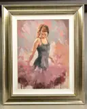 a portrait of a female figure wearing a black dress with a pink by Mark Spain, oil on canvas, sold Mar 2021