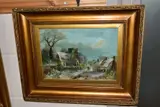 A Winter scene of figures walking between a church and cottages by Harry Foster Newey, oil, offered Mar 2021