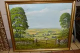 a Derbyshire landscape of fields beyond a rusting farm gate, by Frank Clay, oil on canvas, sold Mar 2021