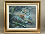Leopard reclining at dusk by Rolf Harris, print, sold Mar 2021