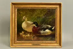 Ducks and ducklings in water by John Frederick Herring, Sr., 1853, oil on wood, offered Mar 2021