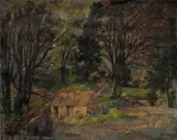 Landscape with outhouses amongst the trees Signed WOLMARK by Alfred Wolmark, Oil on canvas, sold May 2021