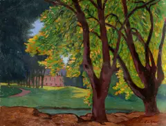 View of a château through the trees Signed Leo by Léo Gausson, Oil on card laid down on panel, sold May 2021