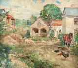 Farmyard scene with pigs a horse and chickens Inscribed by Margaret Fisher Prout, Oil on board, sold May 2021