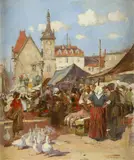 Market day Signed J by Jessie M. McGeehan, Oil on canvas, sold May 2021