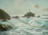 A lighthouse in choppy waters Signed Julius Olsson by Julius Olsson, Oil on canvas laid on board, offered May 2021