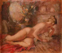 Female nude reclinging in front of a dressing table Signed and dated by Frank Haseler, Oil on canvas laid on board, sold May 2021