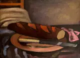 Still life with a loaf of bread and a knife on a platter by Bernard Meninsky, Oil on canvas, sold May 2021