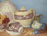 The pink lustre set Signed with monogram and numbered by Maxwell Armfield, Tempera on board, sold May 2021