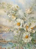Spray of flowers with a harbour beyond Signed and dated E Bye by Elise Bye-Rawson, Oil on canvas, sold May 2021
