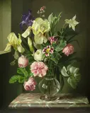 Still life with flowers in a glass vase on a marble ledge Signed by Gerald Cooper, Oil on panel, sold May 2021